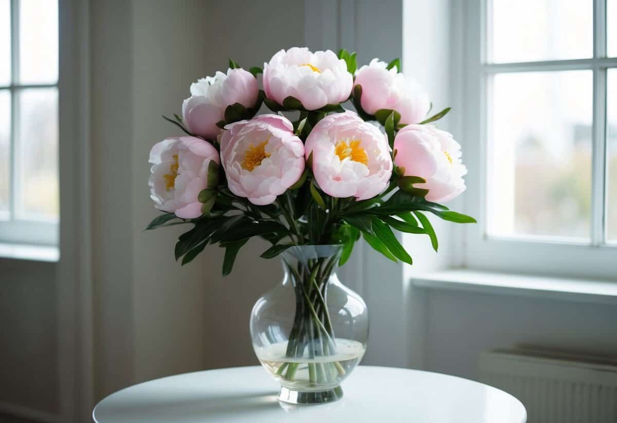 A bouquet of Justoyou Artificial Peonies arranged in a glass vase on a white table, with soft natural light streaming in from a nearby window