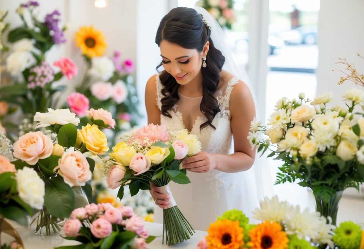 A bride-to-be carefully examines various artificial flowers for her wedding bouquet at a floral shop