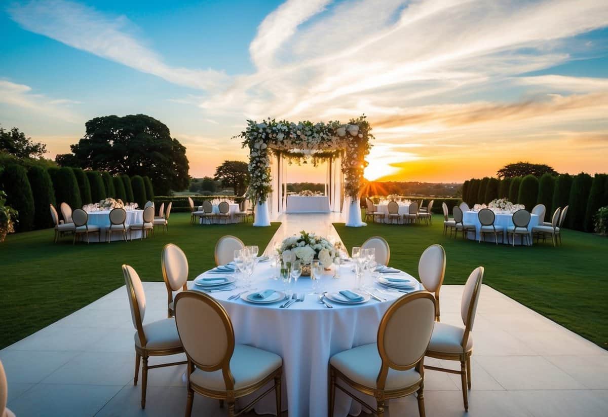 A grand wedding venue with elegant decor, surrounded by lush gardens and a picturesque sunset in the background