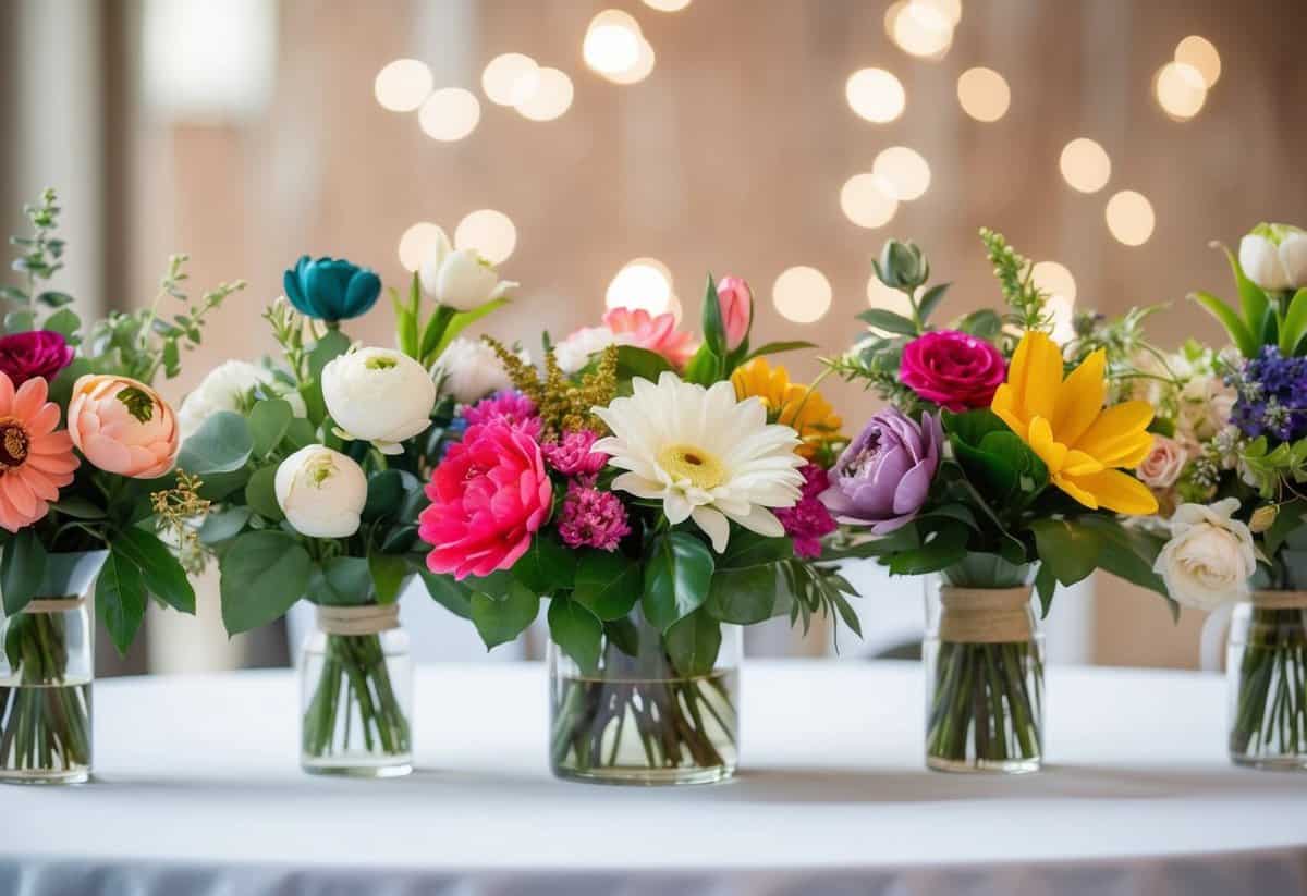 A table with various artificial flowers in different colors and styles, arranged for a wedding