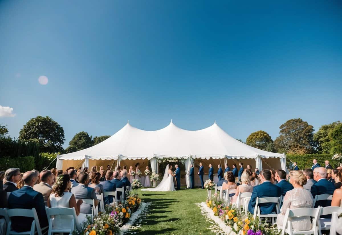 A beautiful outdoor wedding ceremony with a clear blue sky, surrounded by lush greenery and colorful flowers, with a grand white tent set up for the reception