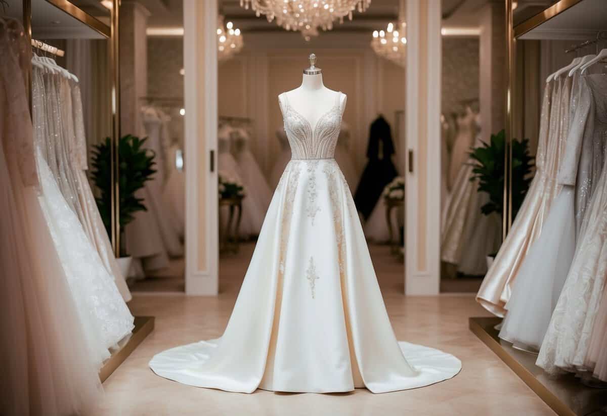 An elegant A-line evening dress displayed on a mannequin in a luxurious bridal boutique