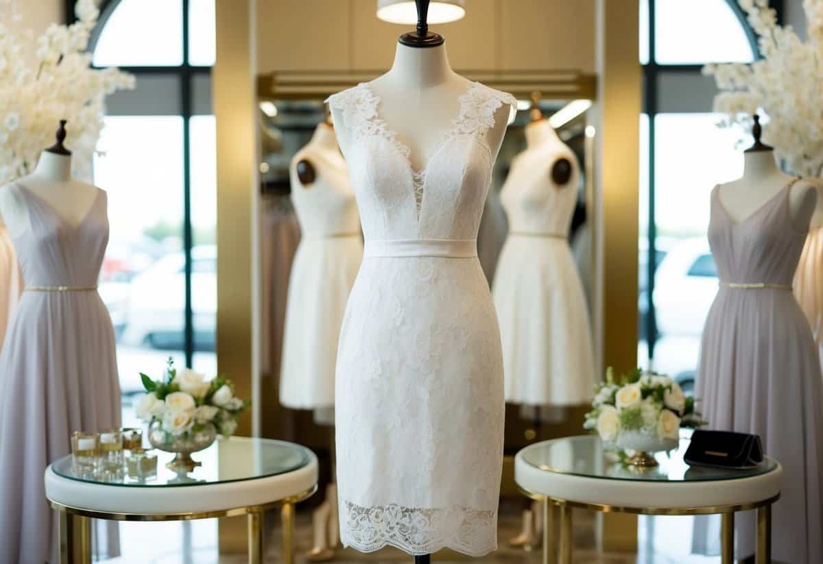 A chic lace cocktail dress displayed on a mannequin in a luxurious boutique setting, surrounded by elegant accessories and soft lighting