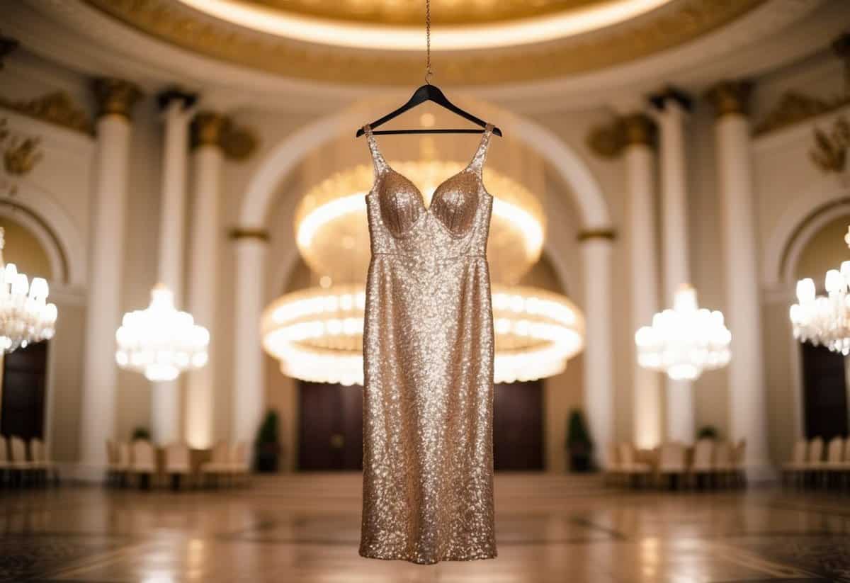 A sparkling sequin maxi dress hanging on a luxurious hanger in a grand ballroom with soft lighting and elegant decor