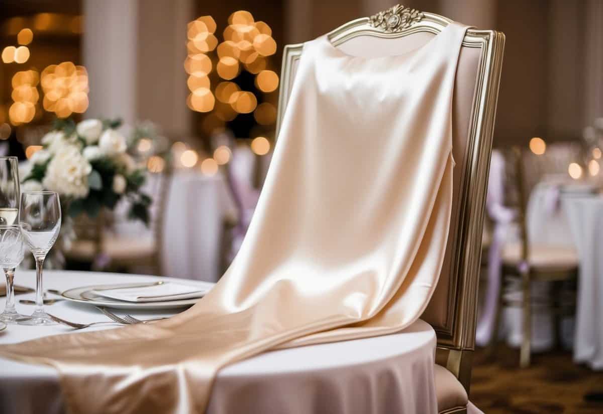 A sleek satin slip dress draped over a luxurious chair in an elegant wedding reception setting