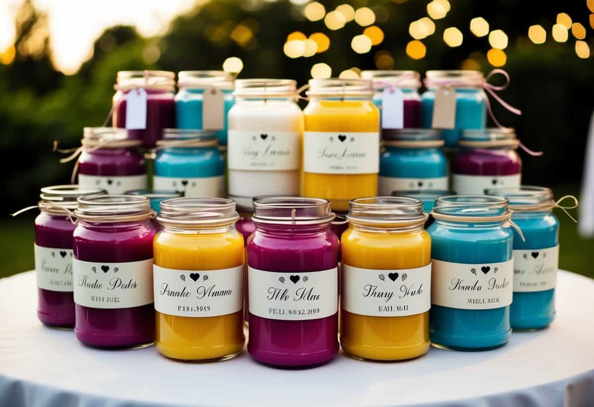 Colorful candle jars arranged on a table, each personalized with a couple's names and wedding date. Delicate ribbons and tags add a festive touch