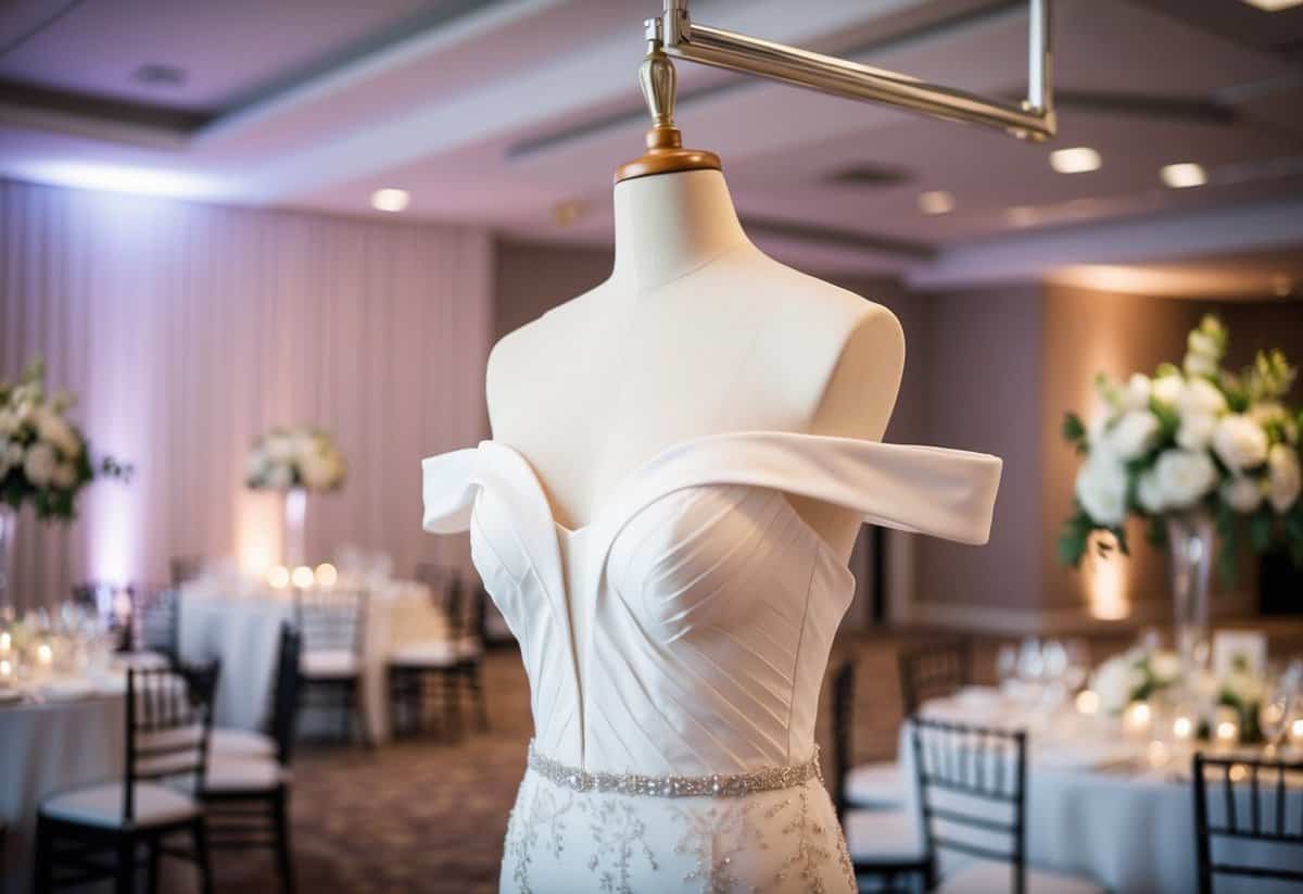 A modern off-the-shoulder dress hanging on a sleek mannequin, surrounded by elegant wedding reception decor