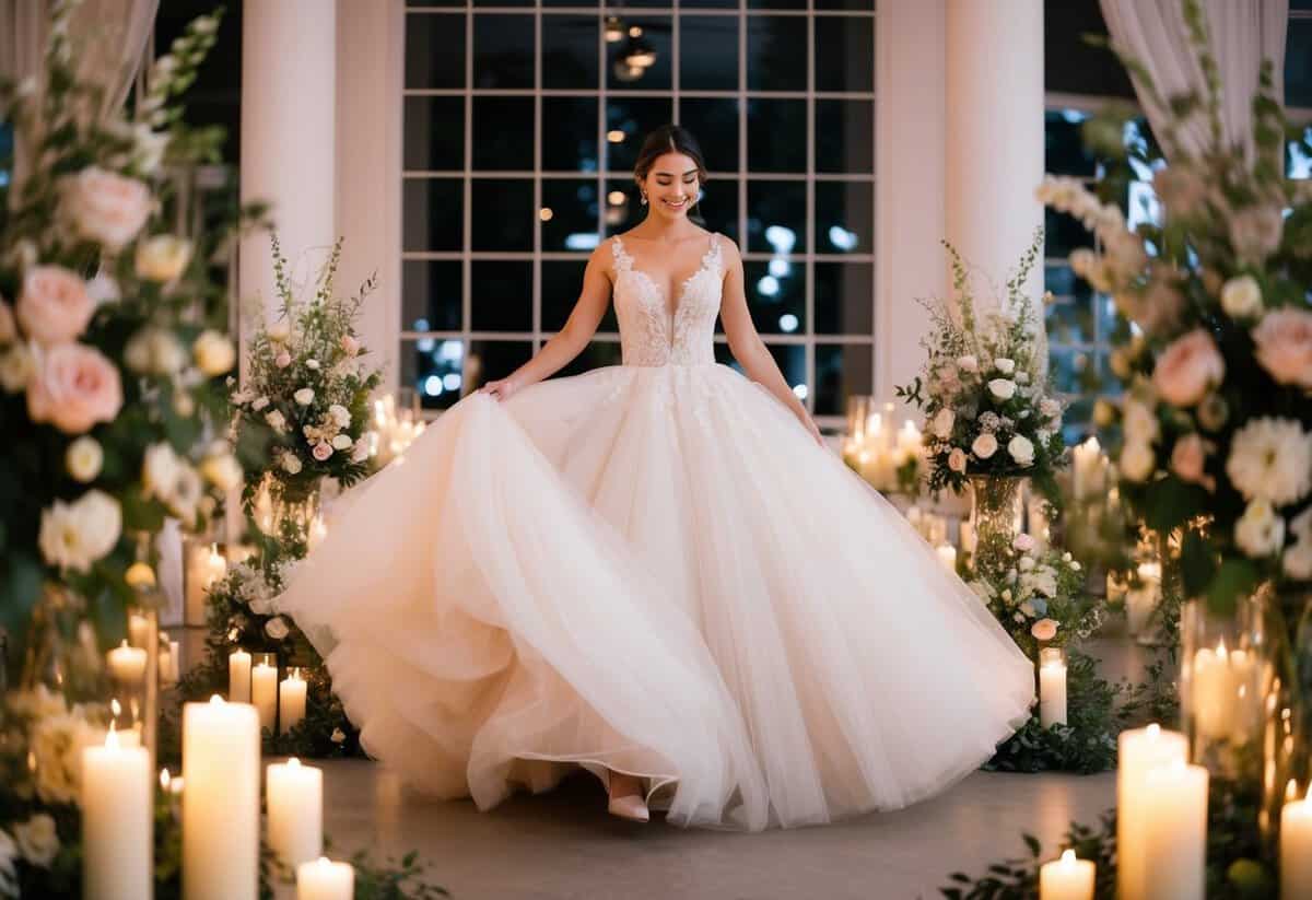 A bride twirls in a flowing tulle ball gown, surrounded by soft candlelight and delicate floral arrangements at her wedding reception