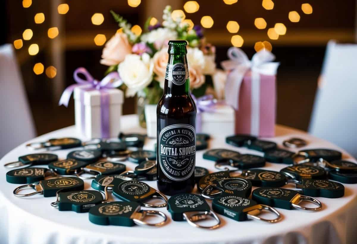 A table scattered with engraved bottle openers, surrounded by wedding shower decor and gifts