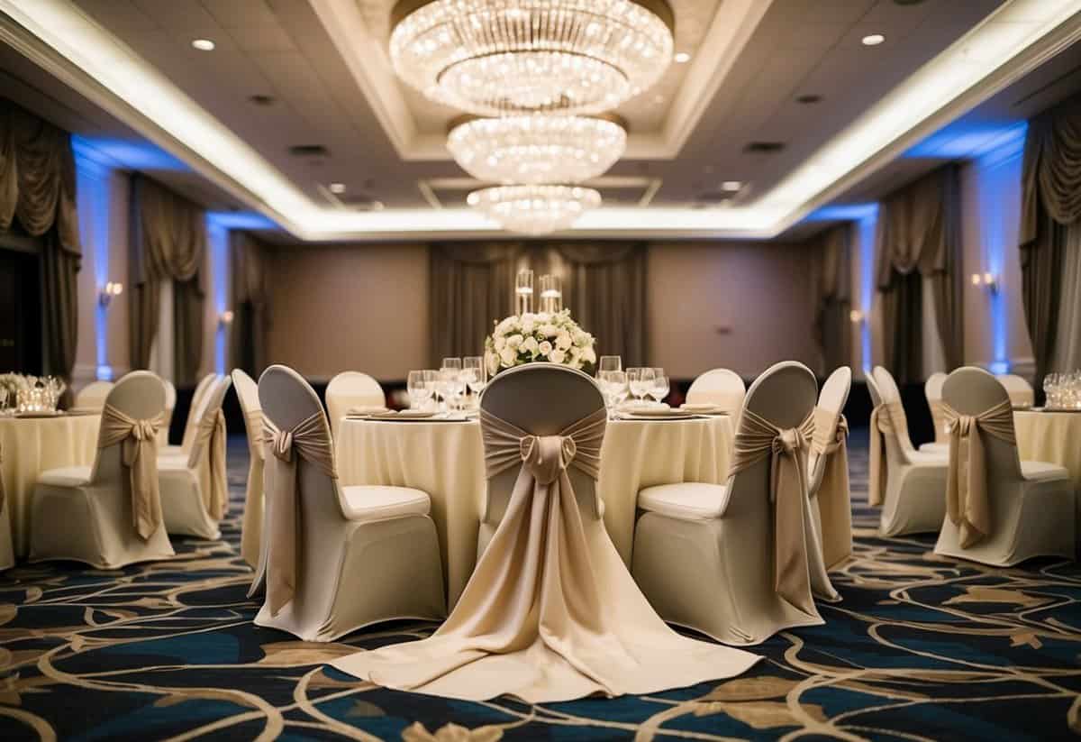 A luxurious ballroom with elegant fabric draped dresses, exuding comfort and style for a wedding reception