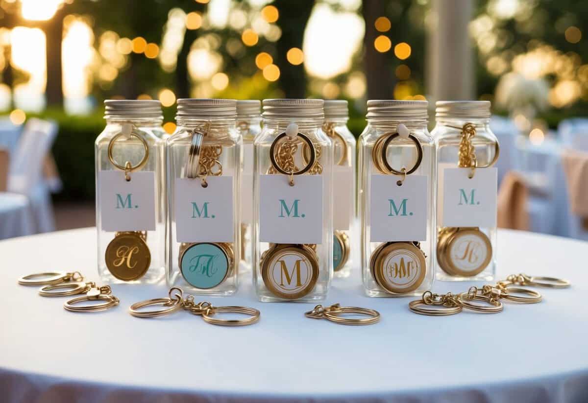 A table with assorted monogrammed keychains displayed as wedding shower favors