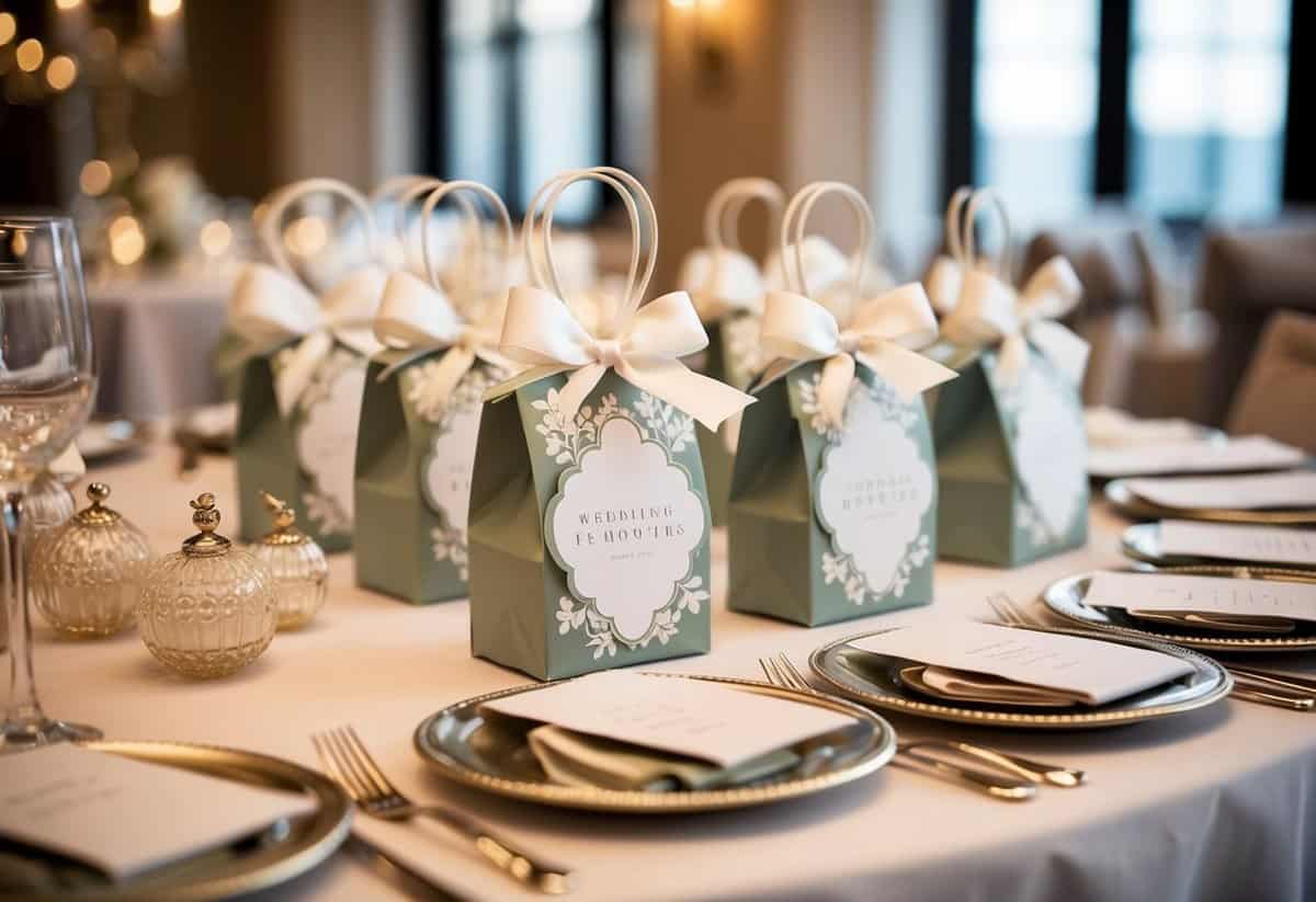 A table adorned with elegant wedding shower favors in decorative packaging