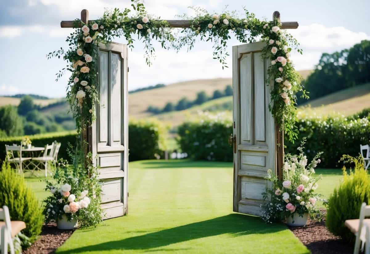 A lush garden with a rustic wedding arch made of antique doors, adorned with flowers and greenery, set against a backdrop of rolling hills