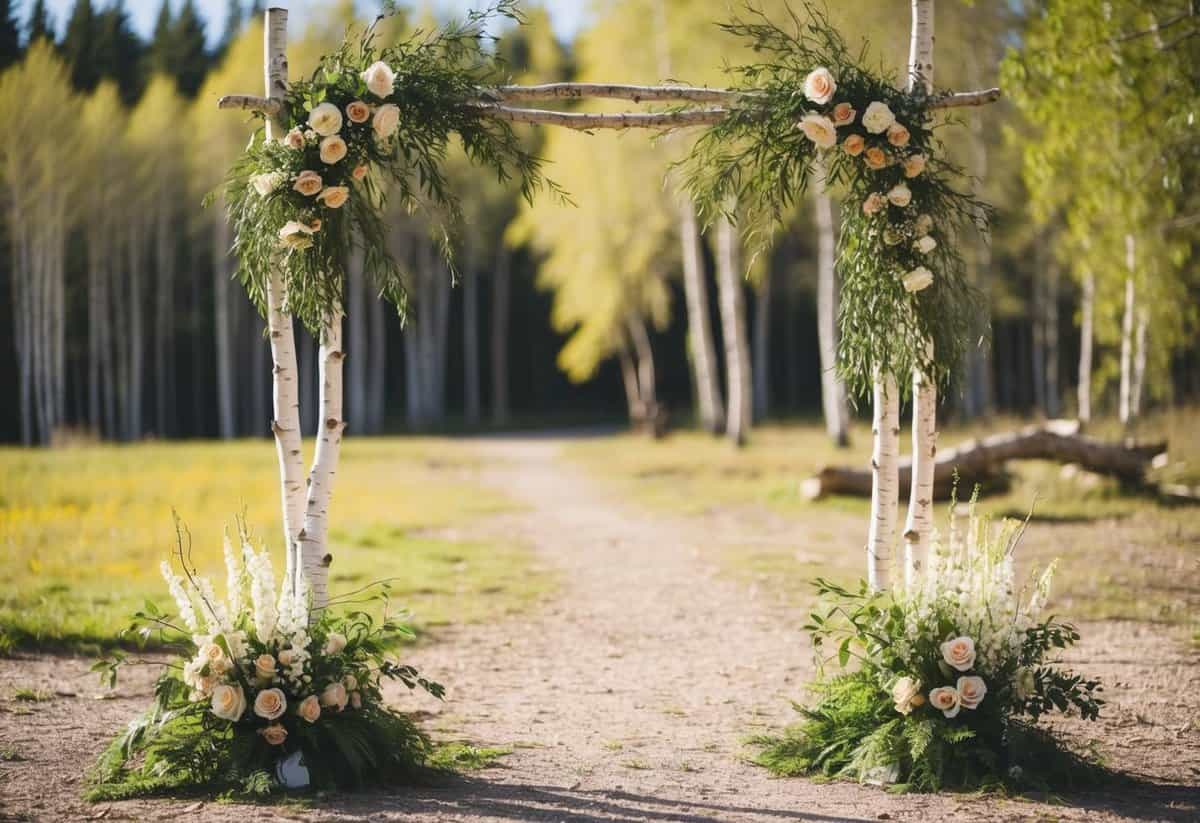 A rustic wedding arch made of birch branches, adorned with flowers and greenery, stands in a sunlit clearing in the forest