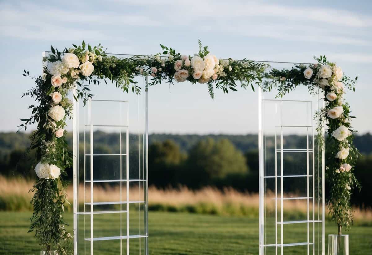 A modern wedding arch made of transparent acrylic panels, adorned with delicate flowers and greenery, set against a scenic outdoor backdrop