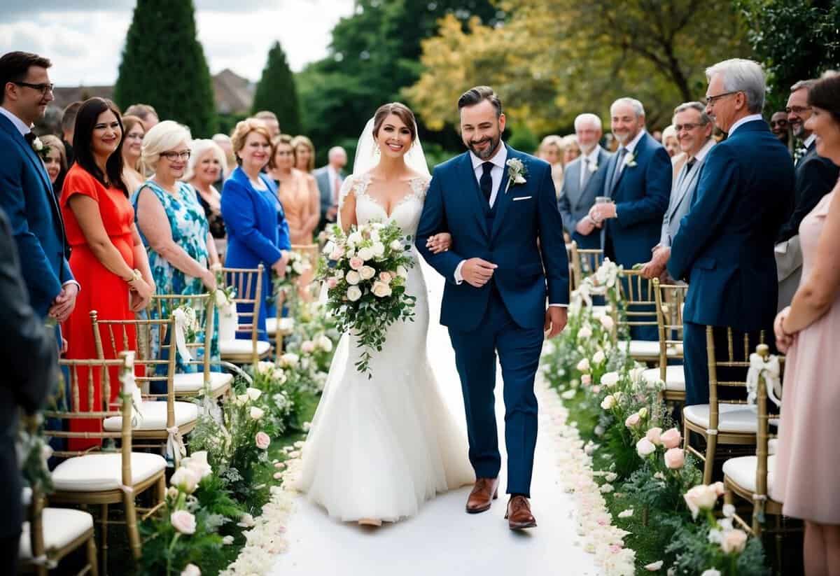 A bride and groom walk down a flower-lined aisle, surrounded by family and friends, as a musician plays a romantic and uplifting wedding song