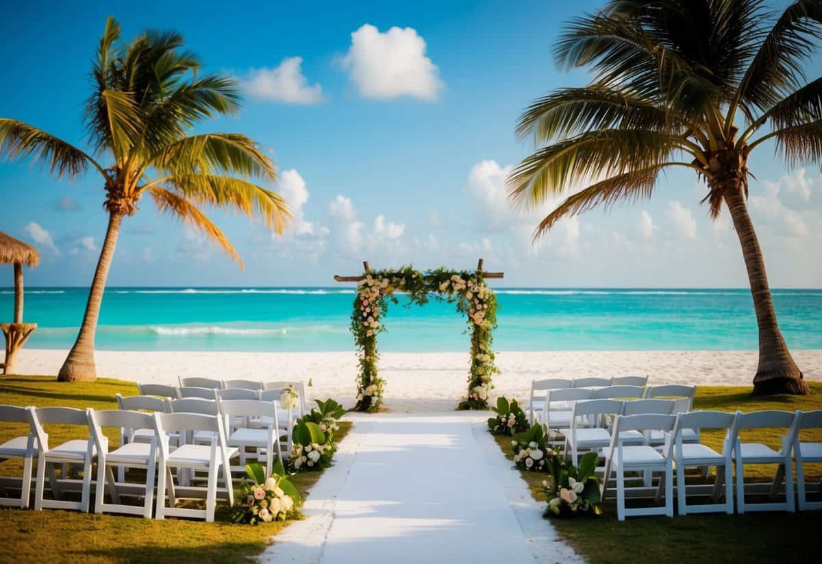 A beautiful beach wedding setup in Cancun, with palm trees, white sand, and crystal-clear turquoise waters as the backdrop