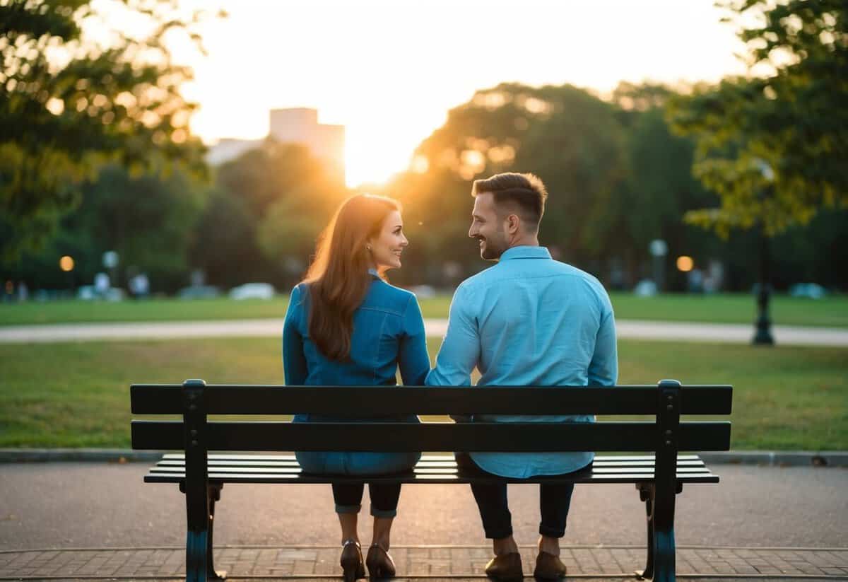 A couple sitting on a park bench, facing each other, with open body language and engaged expressions. The sun is setting in the background, casting a warm glow over the scene