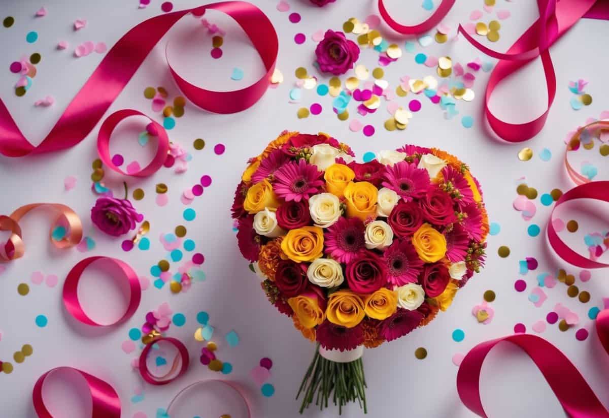 A heart-shaped bouquet of colorful flowers surrounded by swirling ribbons and confetti