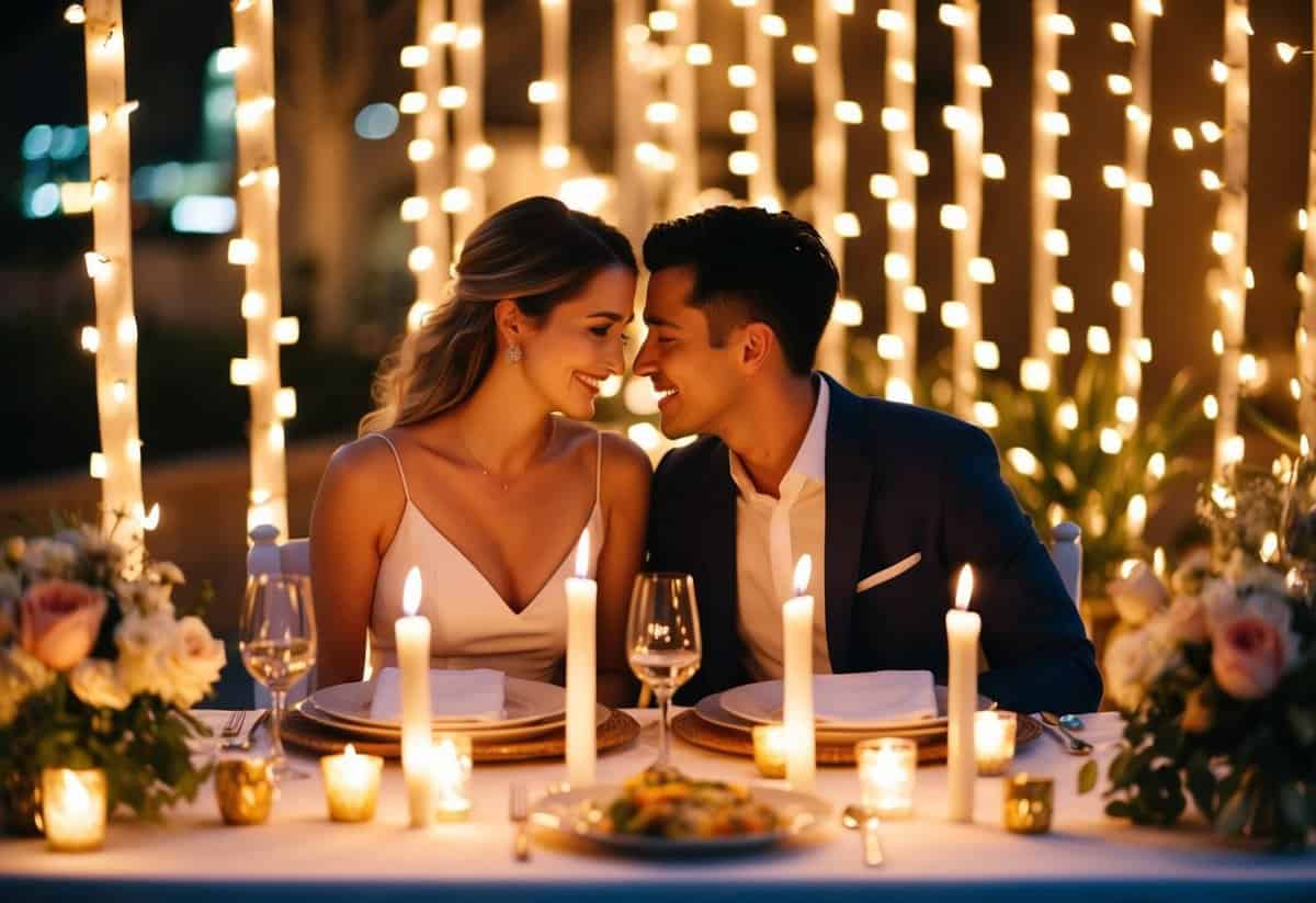 A couple sits at a candlelit table, surrounded by twinkling lights and flowers, enjoying a romantic dinner together