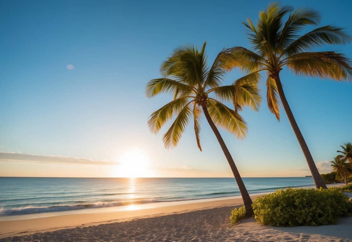 A sunny beach with palm trees, a clear blue sky, and a gentle breeze. The sun is setting over the ocean, creating a romantic atmosphere for a wedding