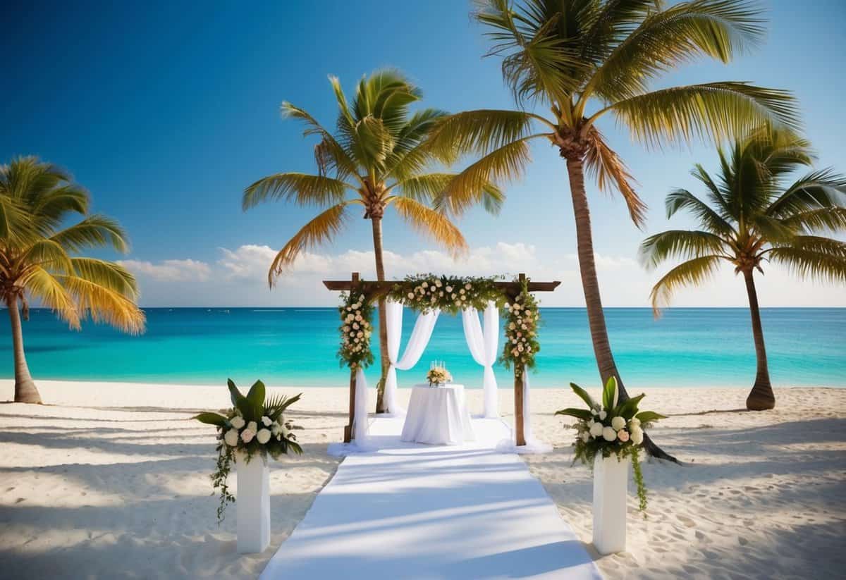 A beachfront wedding venue in Mexico with palm trees, white sand, and crystal clear blue water