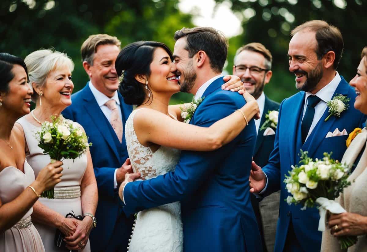 A newlywed couple sharing a warm embrace, surrounded by friends and family, exchanging heartfelt advice and laughter