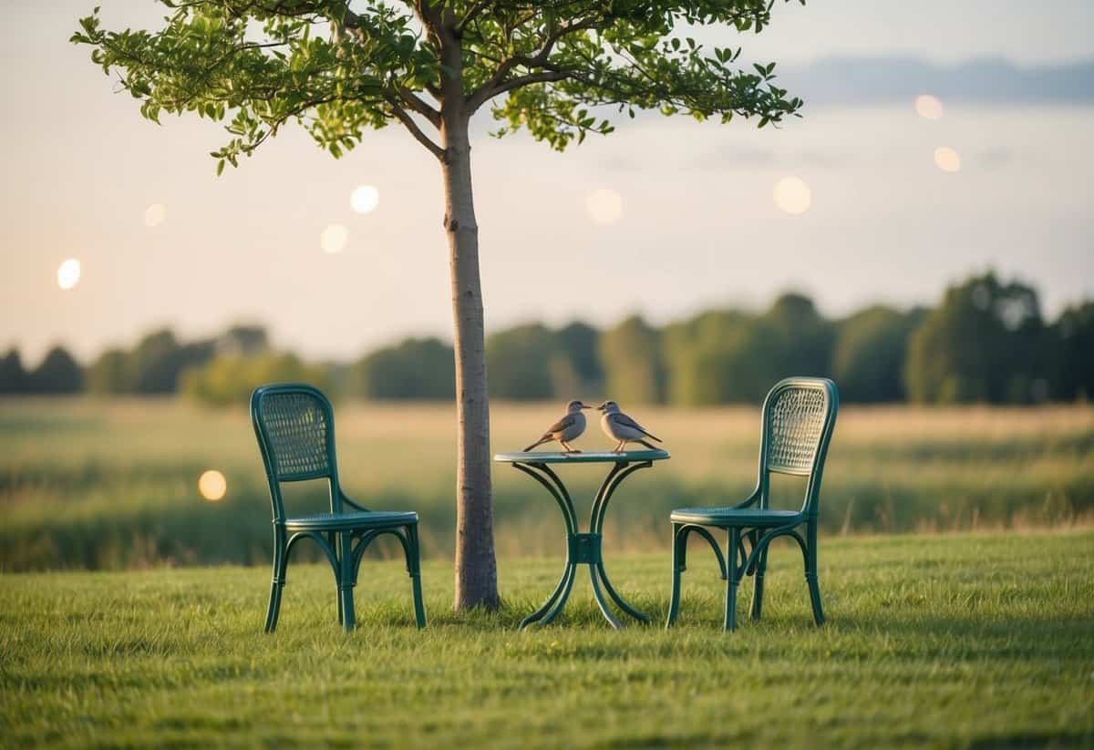 A serene outdoor setting with a single tree, a pair of birds, and a small table with two chairs