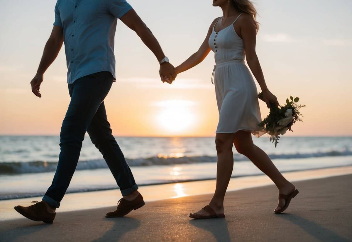 A couple holding hands and walking along a serene beach at sunset, symbolizing the importance of communication and spending quality time together in a healthy relationship