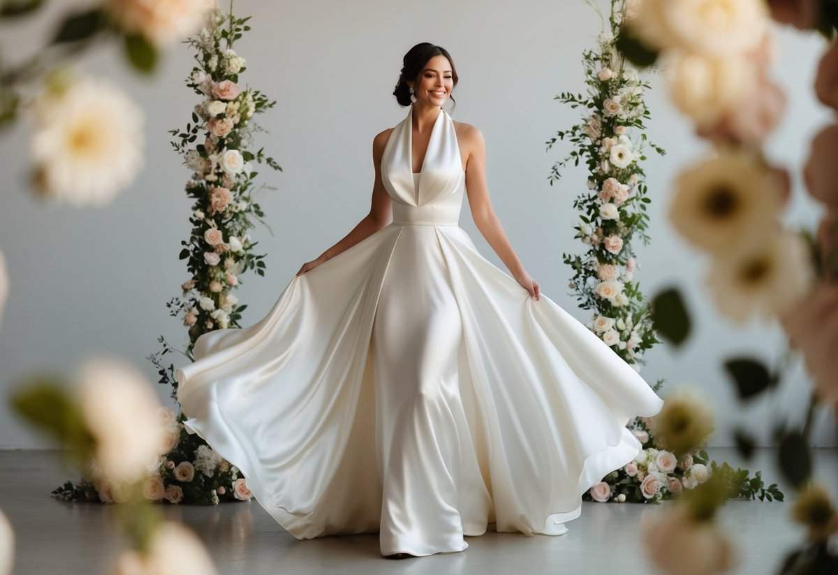 A bride twirls in a flowing satin cowl maxi dress, surrounded by soft light and delicate floral decorations