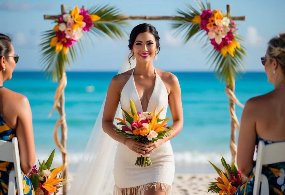 A sunlit beach wedding ceremony with a bride in a BHLDN 'Bali' Halter Mini Dress, surrounded by tropical flowers and a crystal-clear ocean backdrop