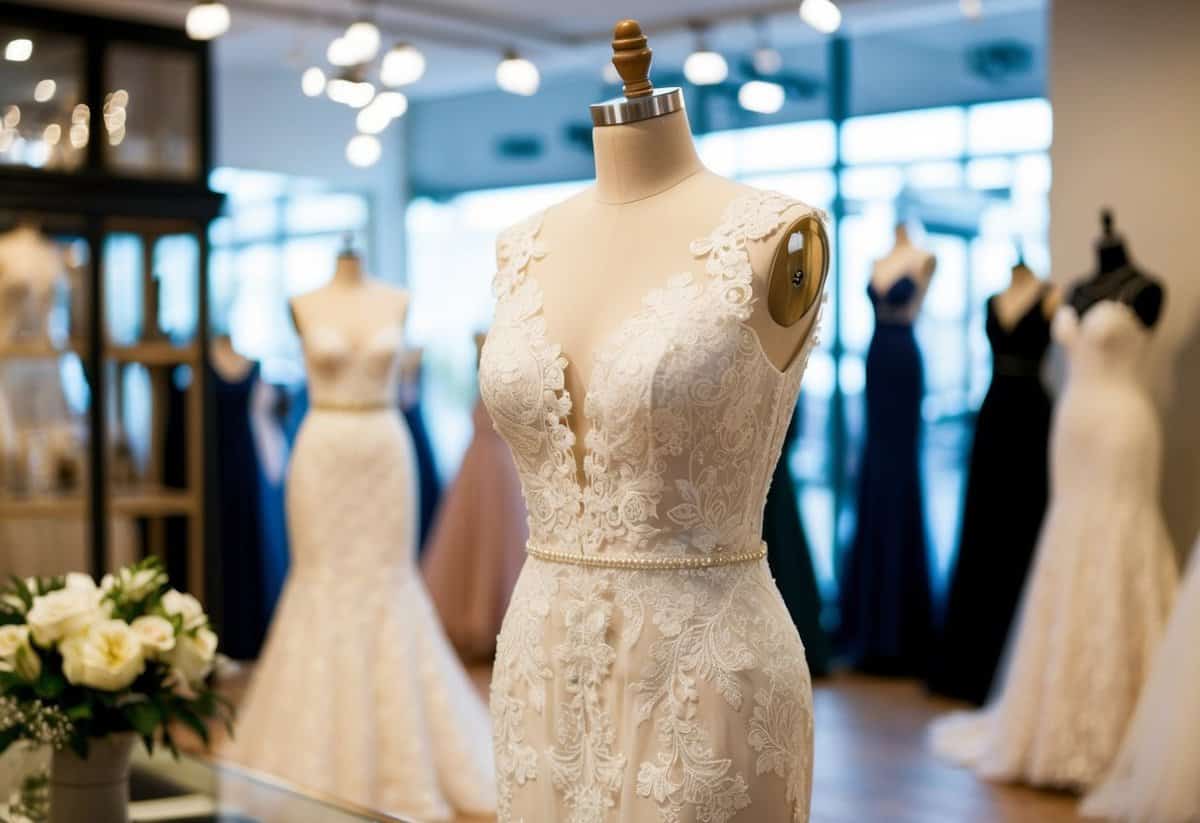 A beautiful lace mermaid wedding dress displayed on a mannequin in a well-lit boutique setting