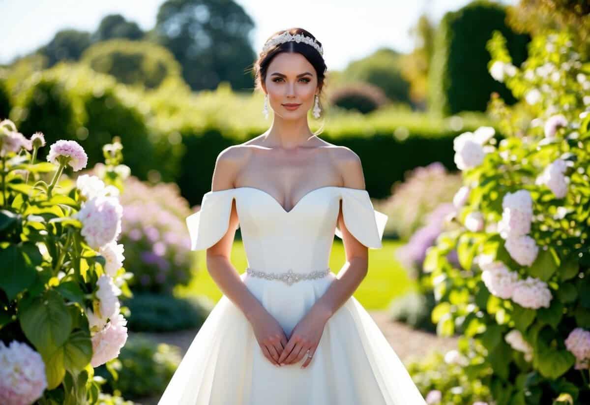 A bride stands in a sunlit garden wearing the Azazie 'Cecile' Off-Shoulder Gown, surrounded by blooming flowers and lush greenery