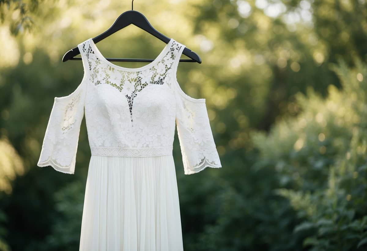 A white floral lace dress hangs on a hanger, with cold shoulder sleeves and a flowing skirt