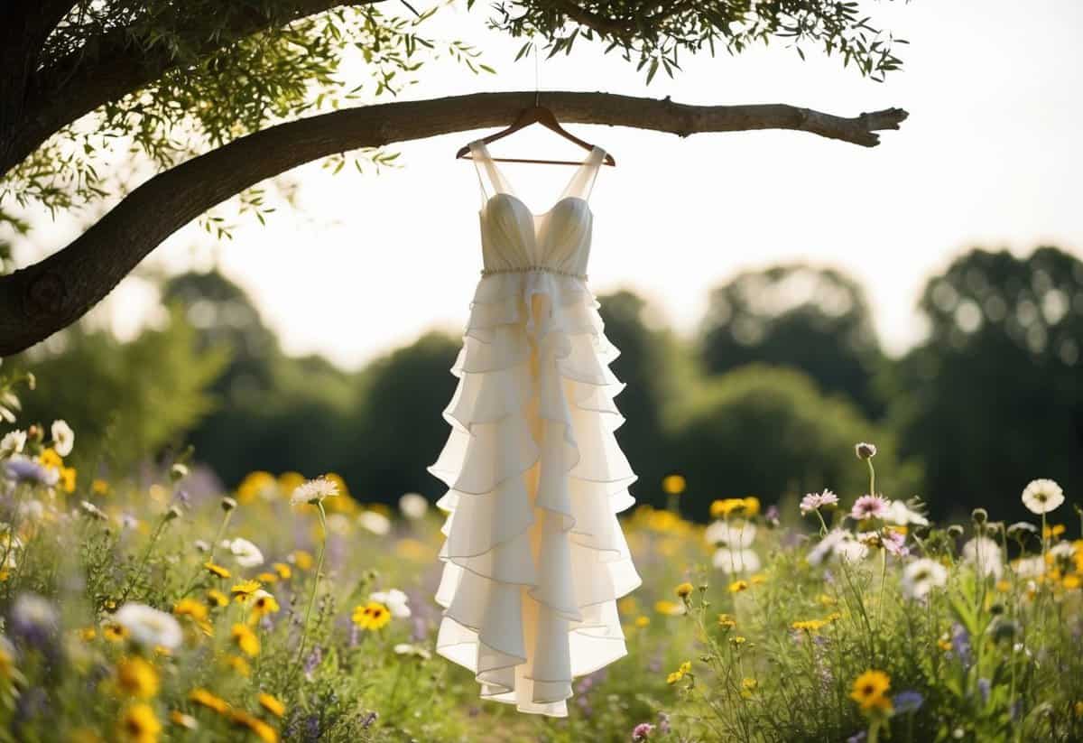 A whimsical outdoor wedding setting with a flowing ruffled crepe dress hanging from a tree branch, surrounded by wildflowers and soft sunlight