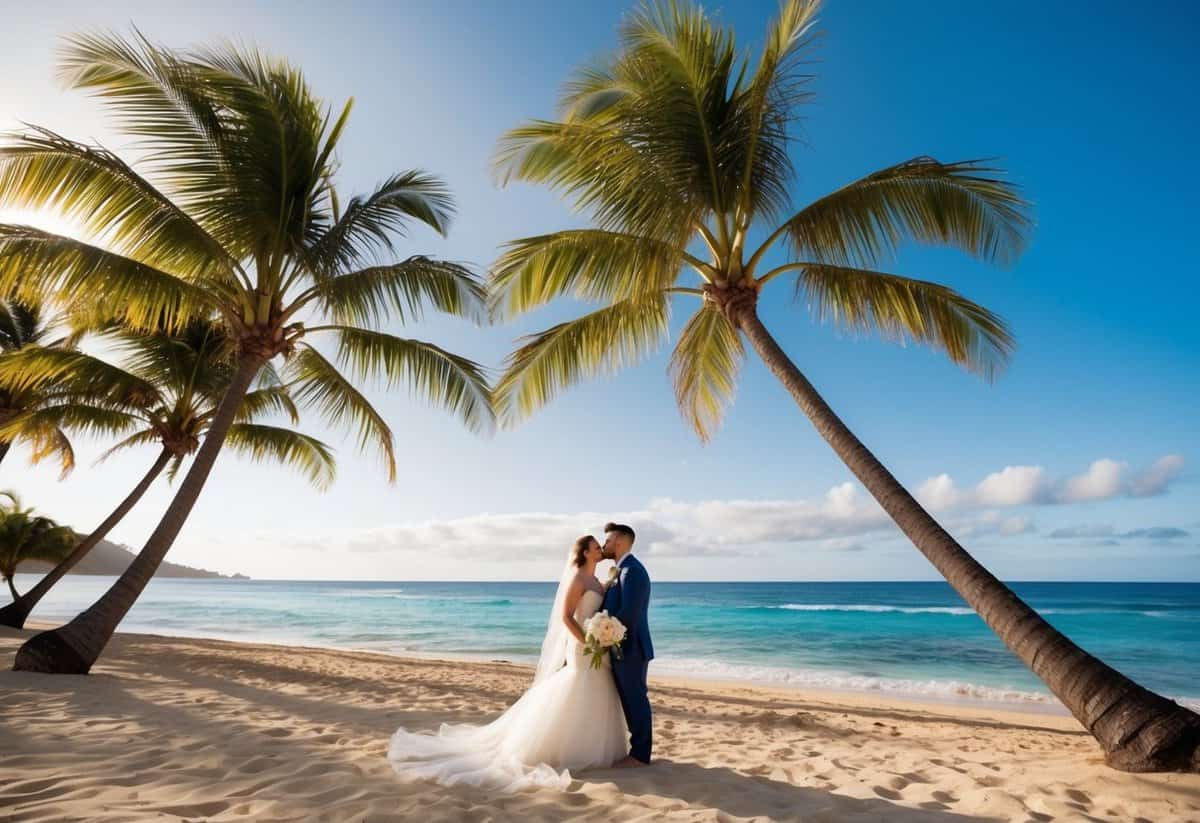 A sunny beach wedding in Hawaii, with palm trees swaying in the warm breeze and the ocean sparkling in the background