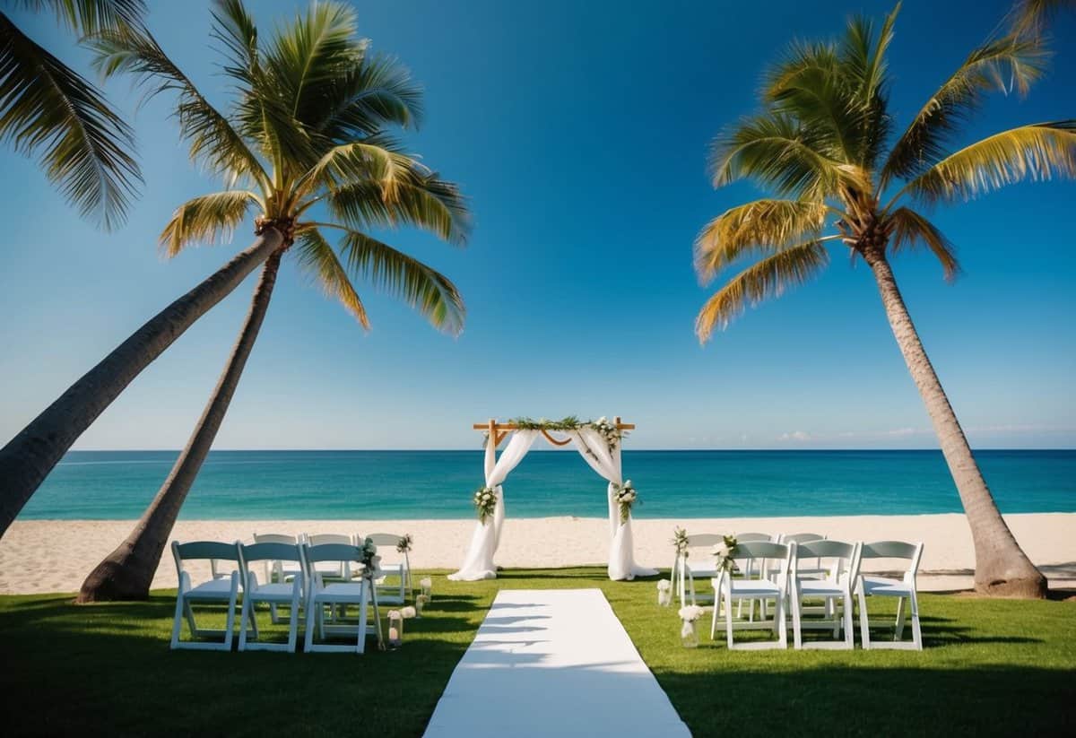 A serene beach with palm trees and a clear blue sky, overlooking the ocean, with a wedding arch and chairs set up for a ceremony