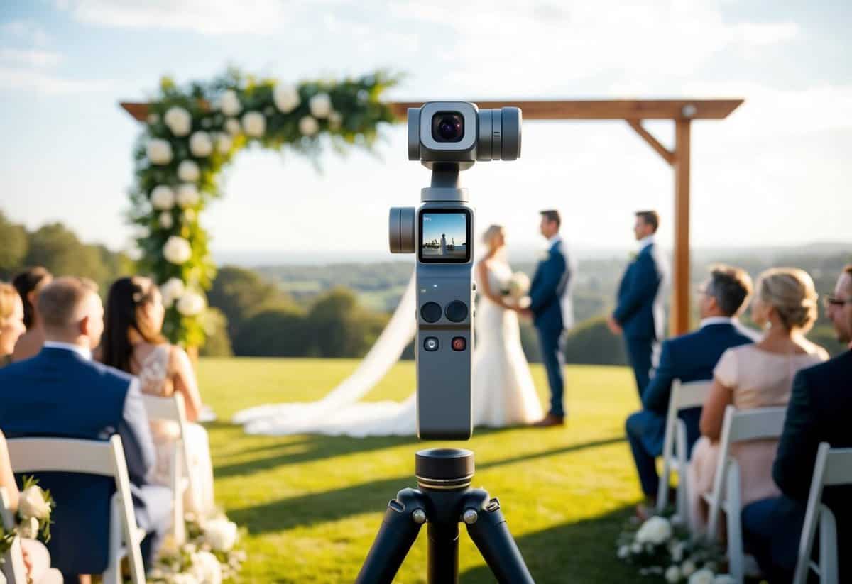 A DJI Osmo Pocket 2 mounted on a tripod capturing a wedding ceremony in a scenic outdoor setting