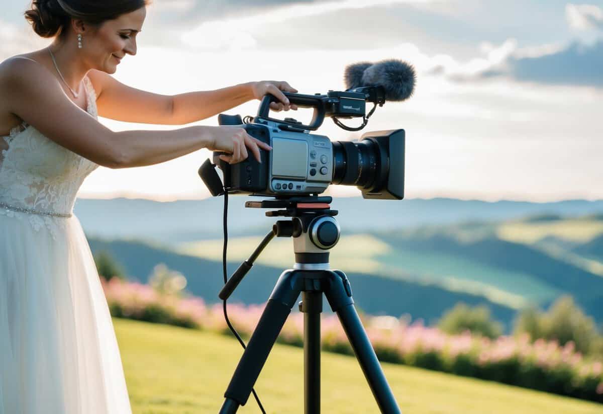 A wedding video camera being carefully adjusted on a tripod, with soft lighting and a picturesque backdrop