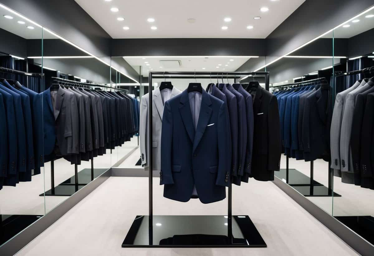 A sleek, modern showroom with racks of tailored suits in various shades of black, navy, and grey. Mirrored walls reflect the elegant, minimalist design