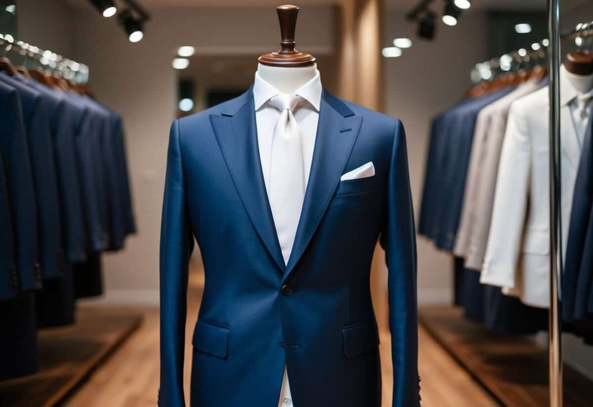 A sleek, navy blue Indochino Hemsworth suit displayed on a tailor's mannequin with a crisp white shirt and elegant tie