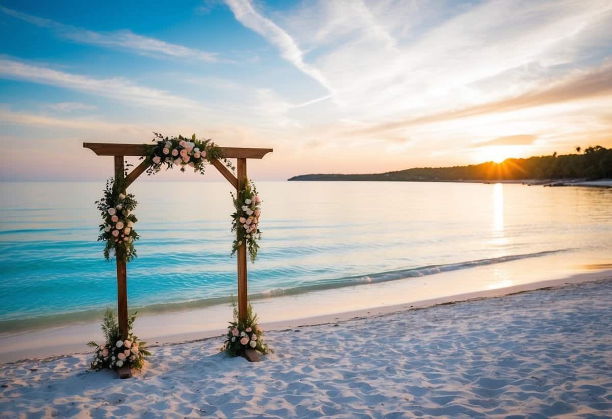 A serene beach with white sand, clear blue water, and a picturesque sunset. A wooden arch adorned with flowers stands at the water's edge