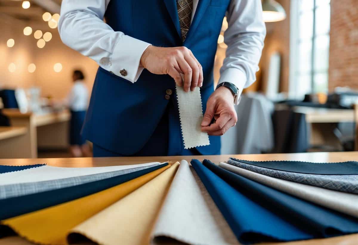 A tailor carefully examines various fabric swatches, considering texture and color for the perfect wedding suit