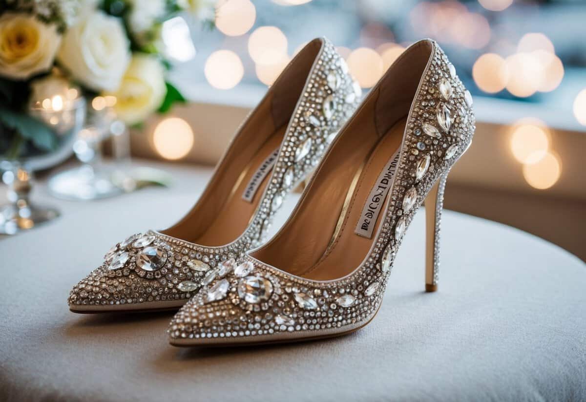 A pair of sparkling crystal-embellished stiletto shoes by Badgley Mischka, perfect for a wedding guest