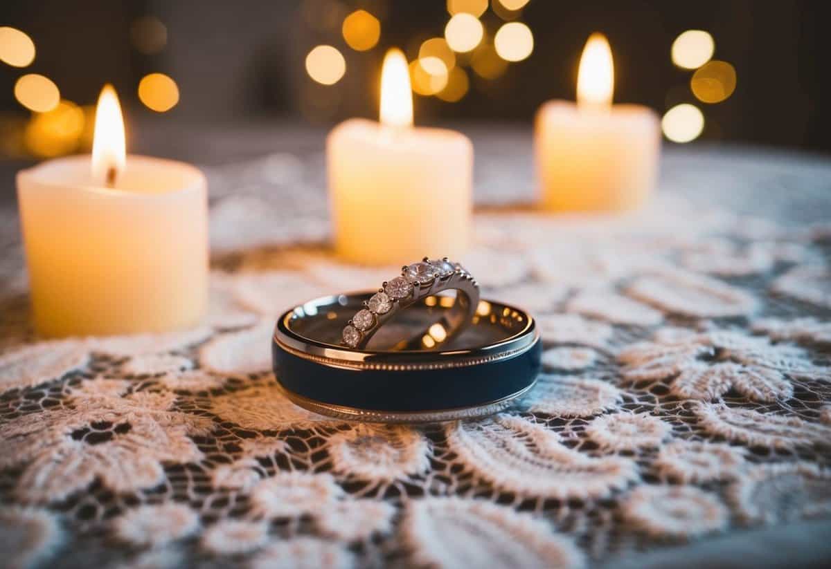 A couple's wedding rings resting on a lace tablecloth, surrounded by flickering candlelight