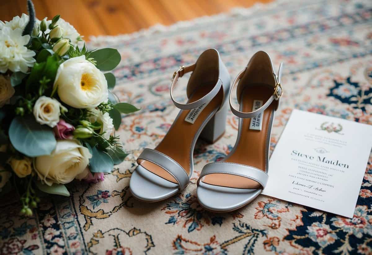 A pair of Steve Madden Irenee Ankle Strap Sandals placed on a luxurious rug beside a bouquet of flowers and a wedding invitation