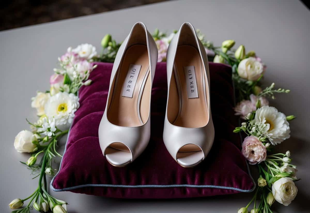 A pair of elegant Ted Baker Peetch Peep Toe Pumps displayed on a velvet cushion, surrounded by delicate floral arrangements