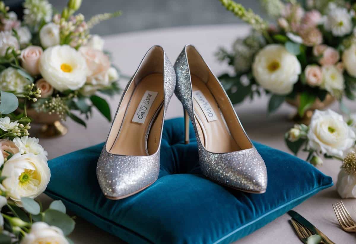 A pair of sparkling Jimmy Choo Romy Glitter Pumps placed on a plush velvet cushion, surrounded by delicate floral arrangements and elegant wedding decor