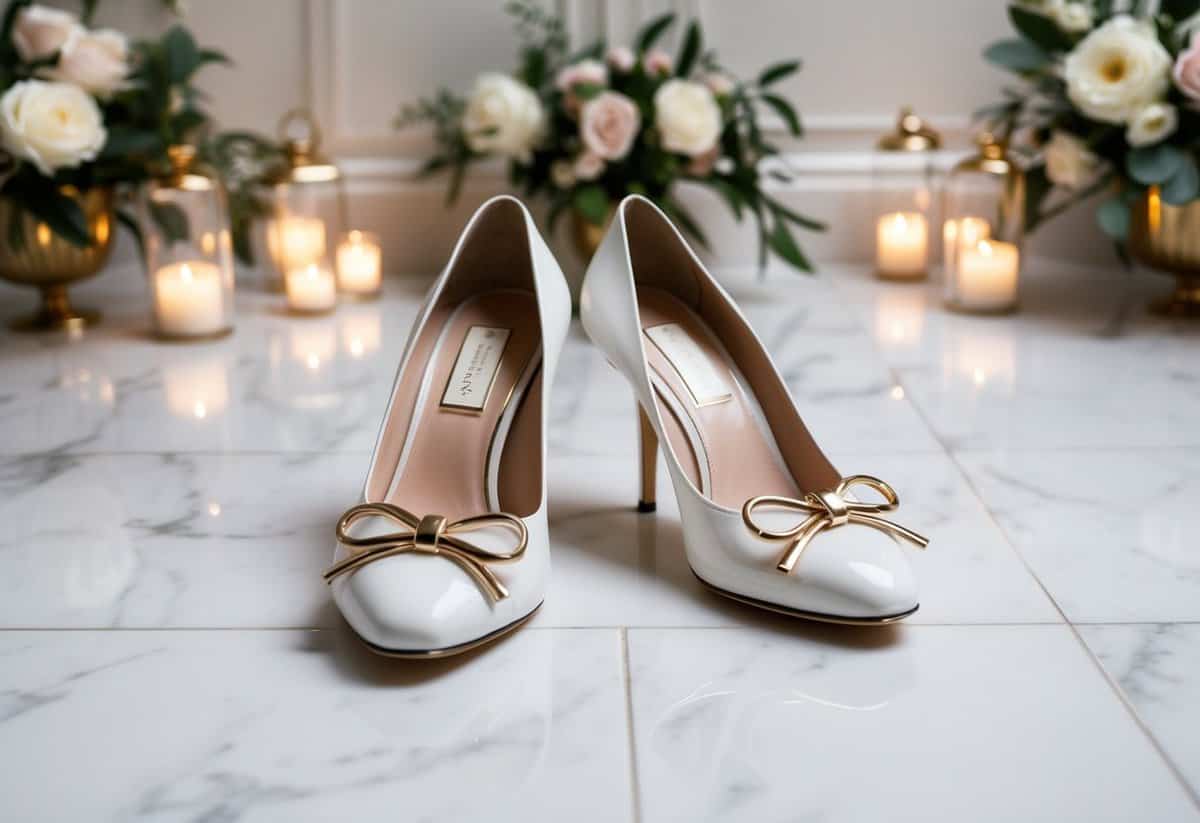 A pair of Kate Spade New York Lara Bow Pumps on a pristine white marble floor, surrounded by delicate floral arrangements and soft, romantic lighting