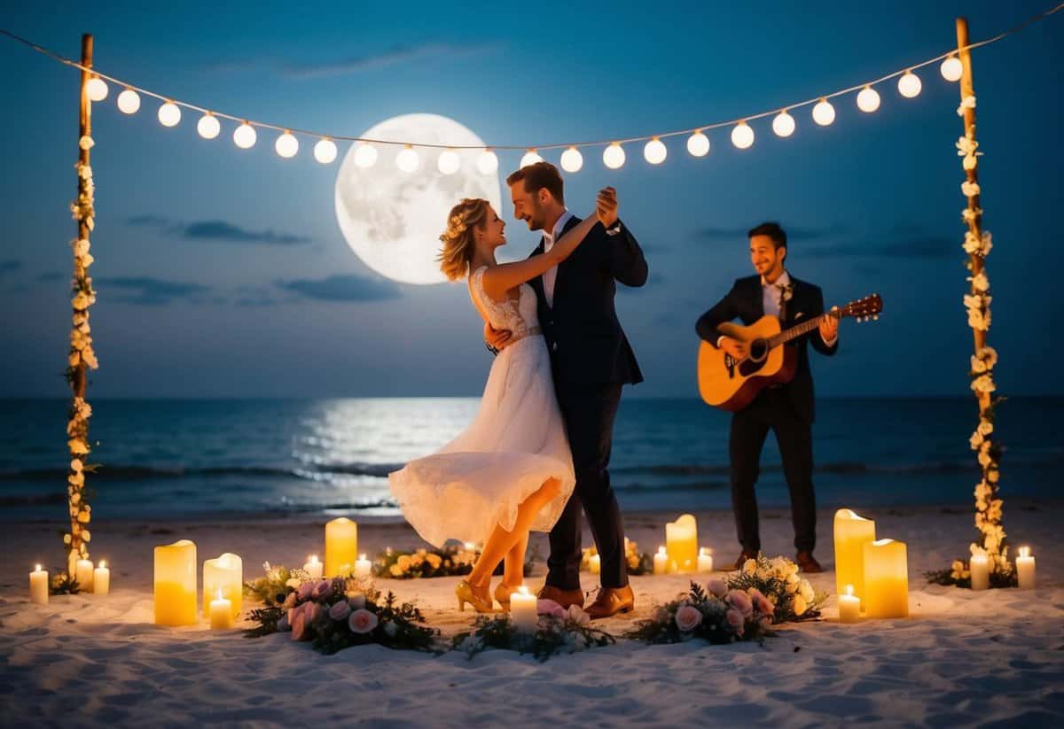 A couple dancing on a moonlit beach, surrounded by candles and flowers, as a musician plays romantic songs on a guitar